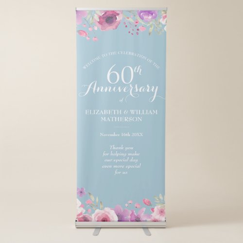 60th Wedding Anniversary Watercolor Roses Welcome Retractable Banner