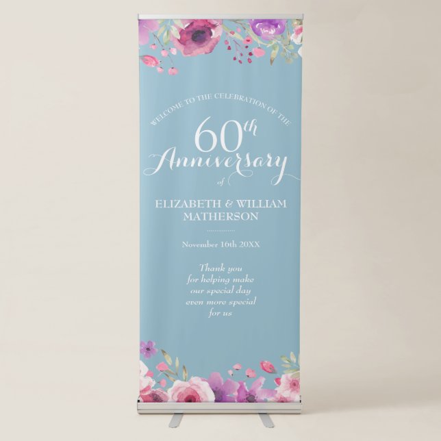 60th Wedding Anniversary Watercolor Roses Welcome Retractable Banner (Front)
