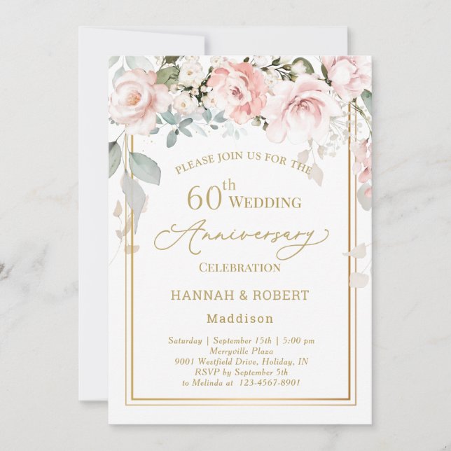 60th Wedding Anniversary White Pink Roses Invitation (Front)