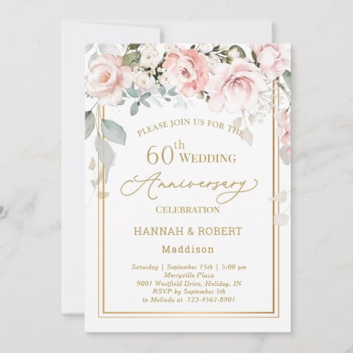 60th Wedding Anniversary White Pink Roses Invitation