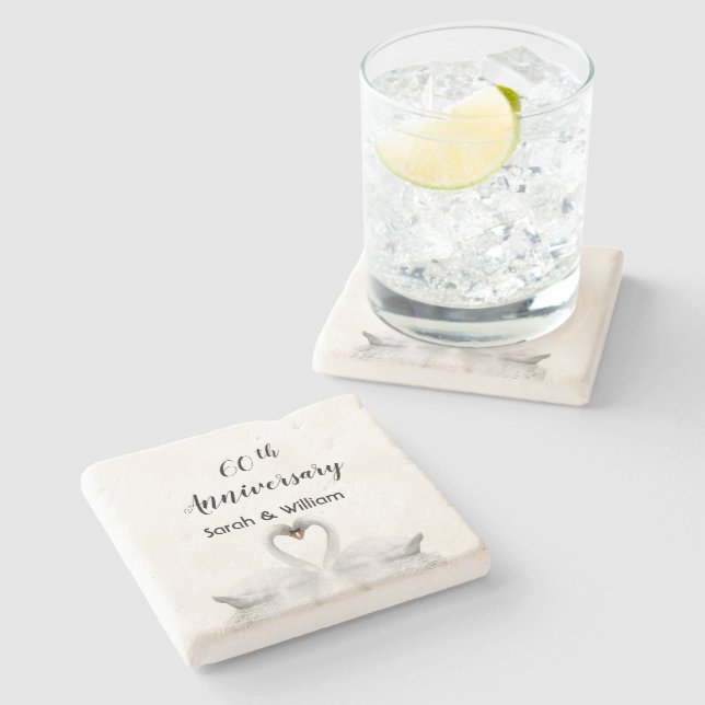 60th wedding anniversary white swan couple names stone coaster (Side)