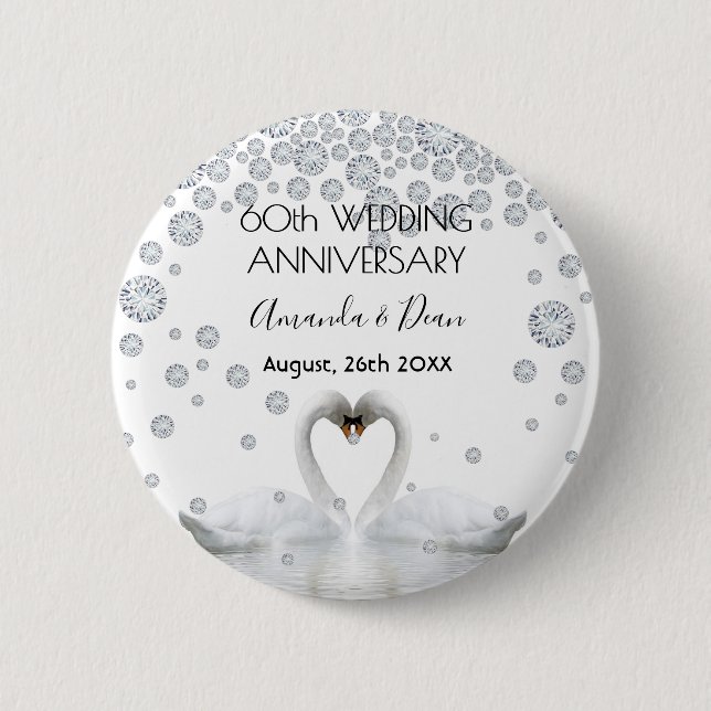 60th wedding anniversary white swans in love button (Front)
