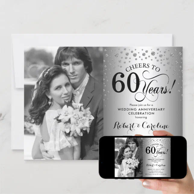 60th Wedding Anniversary with Photo - Silver Invitation | Zazzle