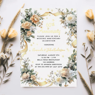 60th wedding anniversary yellow florals diamonds foil invitation