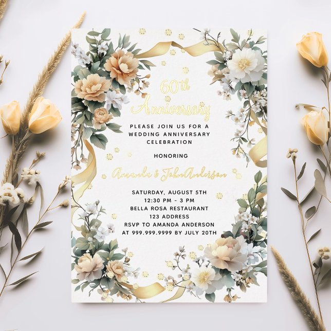 60th wedding anniversary yellow florals diamonds foil invitation (Creator Uploaded)