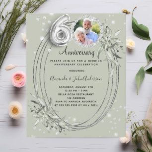 60th wedding photo diamonds sage green invitation