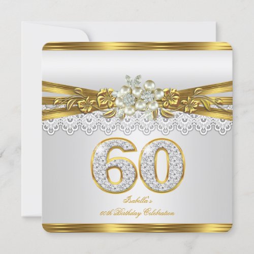 60th White Pearl Gold Lace Floral Birthday Party Invitation