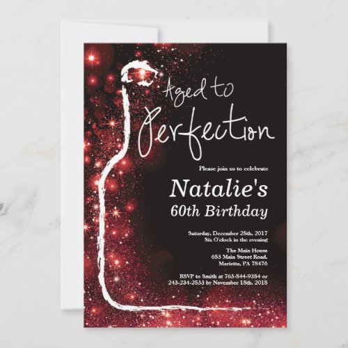 60th Wine Birthday Aged to Perfection Red Glitter Invitation