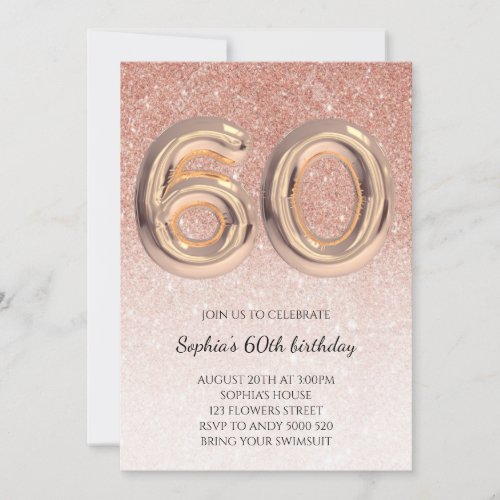 60th Women Birthday Rose Gold Glitter Elegant Invitation