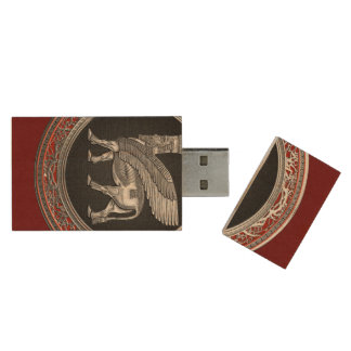 [610] Assyrian Winged Bull - Silver Lamassu Wood Flash Drive