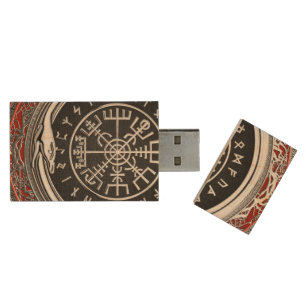 [610] Vegvisir - Viking Silver Magic Runic Compass Wood Flash Drive