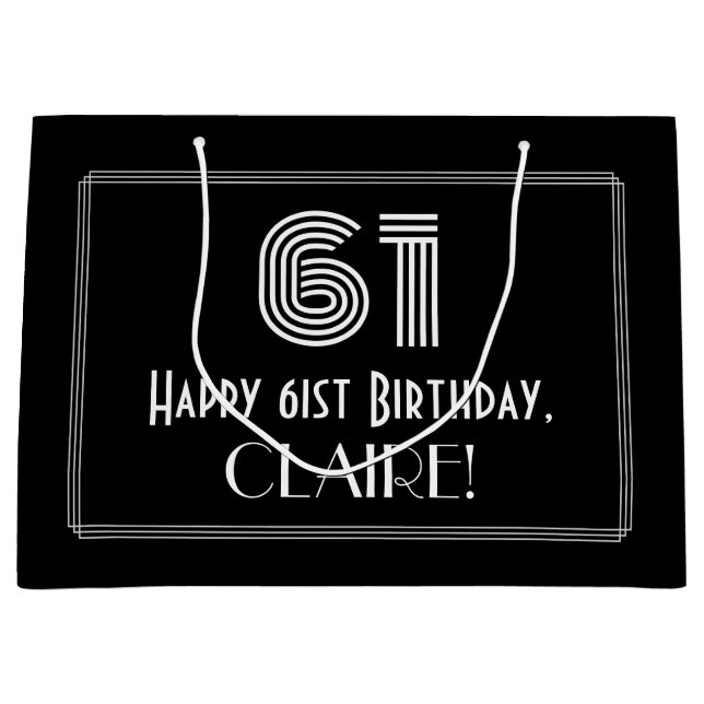 61st Birthday — Art Deco Inspired Look "61" & Name Large Gift Bag (Front)