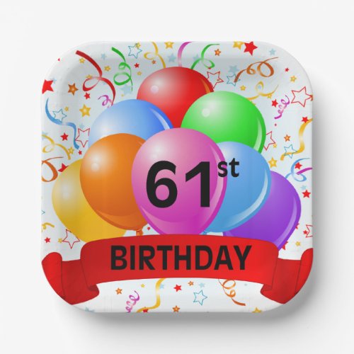 61st Birthday Balloons Banner Paper Plates