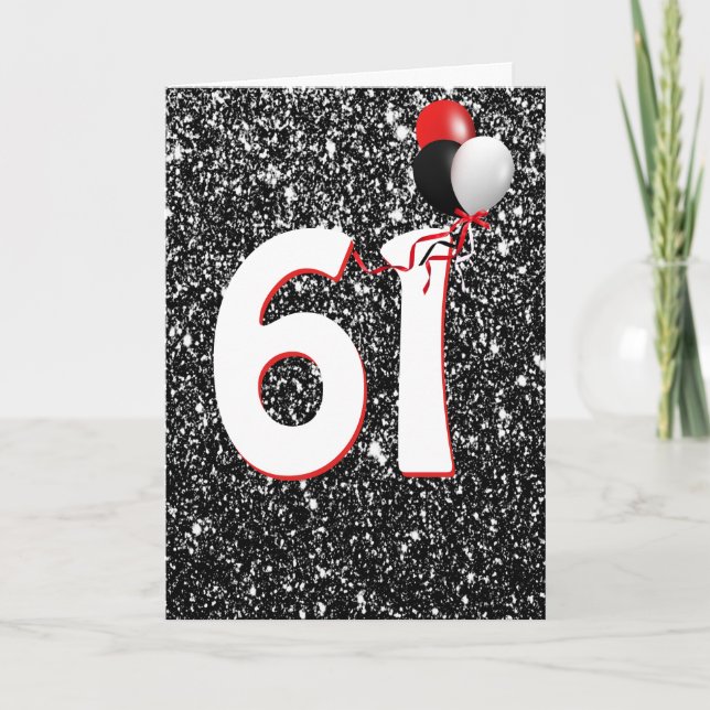 61st Birthday Balloons on Black Glitter  Card (Front)