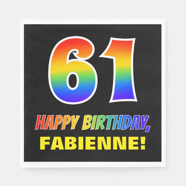 61st Birthday: Bold, Fun, Simple, Rainbow 61 Napkins (Front)