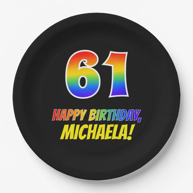 61st Birthday: Bold, Fun, Simple, Rainbow 61 Paper Plates (Front)
