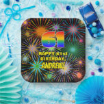 [ Thumbnail: 61st Birthday: Colorful, Fun Celebratory Fireworks Paper Plates ]