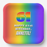 [ Thumbnail: 61st Birthday: Colorful, Fun Rainbow Pattern # 61 Paper Plates ]