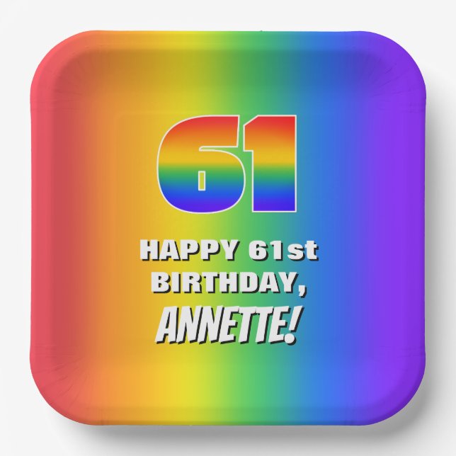 61st Birthday: Colorful, Fun Rainbow Pattern # 61 Paper Plates (Front)