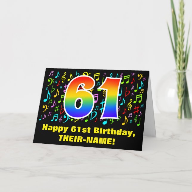 61st Birthday: Colorful Music Symbols & Rainbow 61 Card (Front)