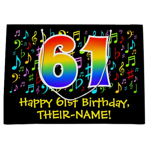 61st Birthday _ Colorful Music Symbols Rainbow 61 Large Gift Bag