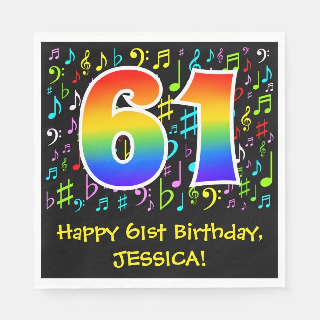 61st Birthday - Colorful Music Symbols, Rainbow 61 Napkins (Front)