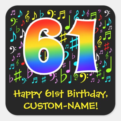 61st Birthday Colorful Music Symbols Rainbow 61 Square Sticker