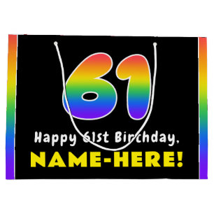 61st Birthday: Colorful Rainbow # 61, Custom Name Large Gift Bag