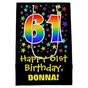 61st Birthday: Colorful Stars Pattern & Rainbow 61 Medium Gift Bag