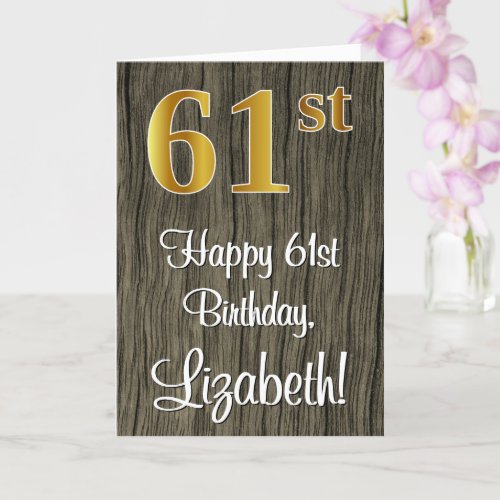 61st Birthday Elegant Faux Gold Look  Faux Wood Card