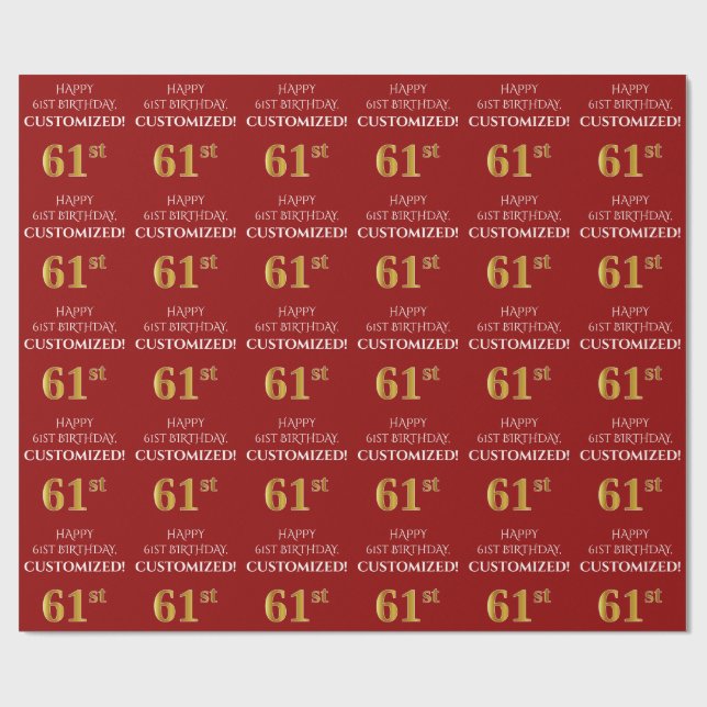 61st Birthday: Elegant, Red, Faux Gold Look Wrapping Paper (Flat)