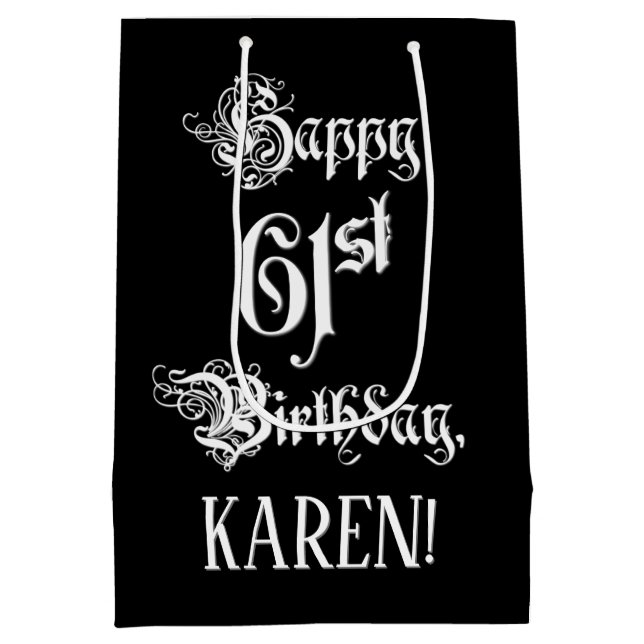 61st Birthday: Fancy, Elegant Script + Custom Name Medium Gift Bag (Back)