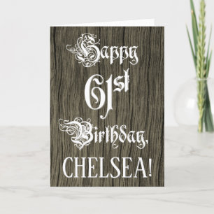 61st Birthday: Fancy, Elegant Text; Faux Wood Look Card