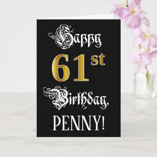 61st Birthday — Fancy Script; Faux Gold Look; Name Card (Orchid)