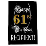 [ Thumbnail: 61st Birthday ~ Fancy Script; Faux Gold Look; Name Gift Bag ]