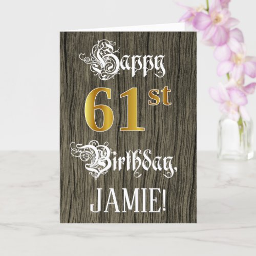 61st Birthday Faux Gold Look  Faux Wood Pattern Card