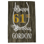 [ Thumbnail: 61st Birthday: Faux Gold Look & Faux Wood Pattern Gift Bag ]