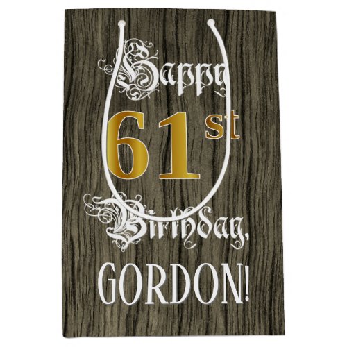 61st Birthday Faux Gold Look  Faux Wood Pattern Medium Gift Bag