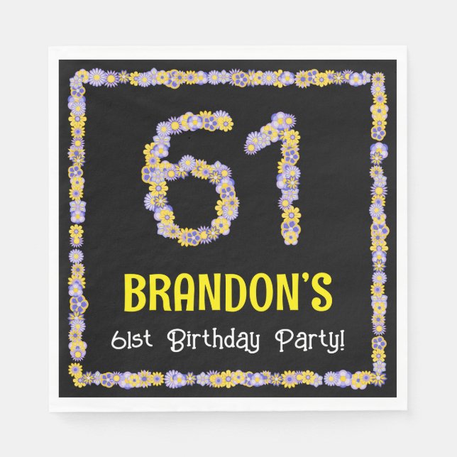 61st Birthday: Floral Flowers Number, Custom Name Napkins (Front)