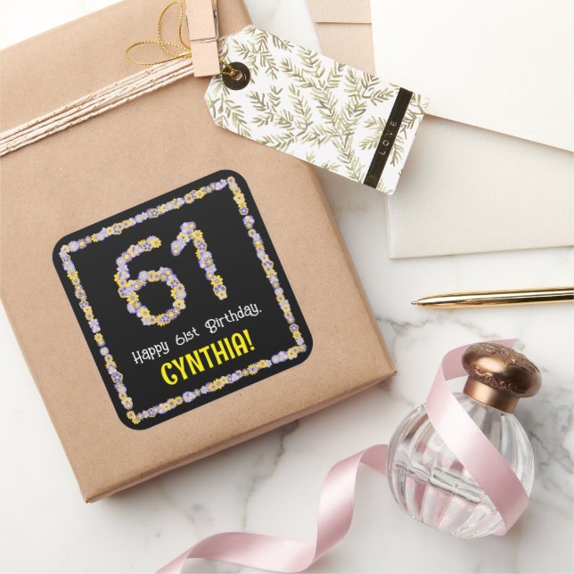 61st Birthday: Floral Flowers Number, Custom Name Square Sticker (Gifting)