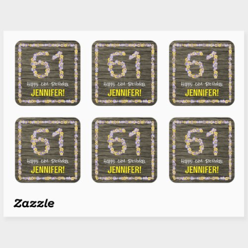 61st Birthday Floral Number Faux Wood Look Name Square Sticker