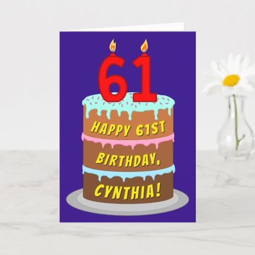 61st Birthday Fun Cake and Candles  Custom Name Card