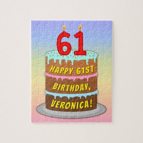 61st Birthday Fun Cake and Candles  Custom Name Jigsaw Puzzle