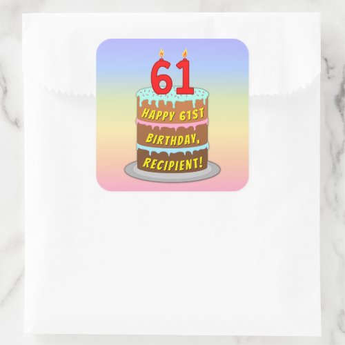 61st Birthday Fun Cake and Candles  Custom Name Square Sticker