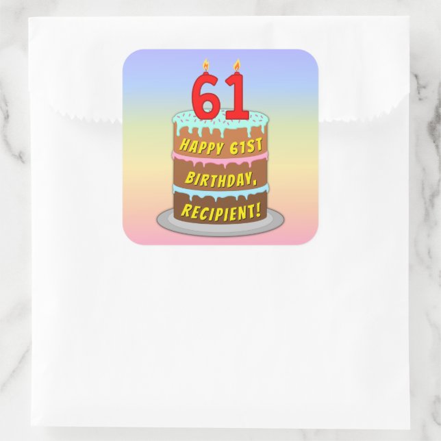61st Birthday: Fun Cake and Candles + Custom Name Square Sticker (Bag)