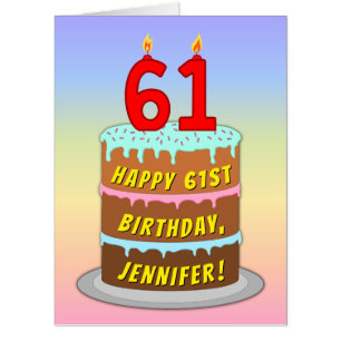 61st Birthday: Fun Cake & Candles, w/ Custom Name Card