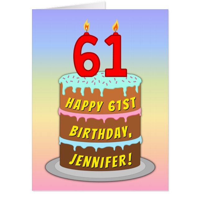 61st Birthday: Fun Cake & Candles, w/ Custom Name Card (Front)