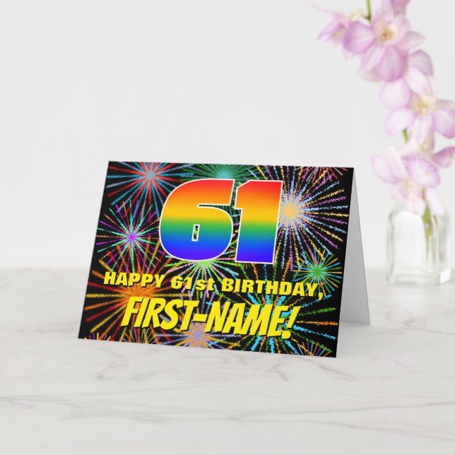 61st Birthday: Fun, Colorful Celebratory Fireworks Card (Orchid)