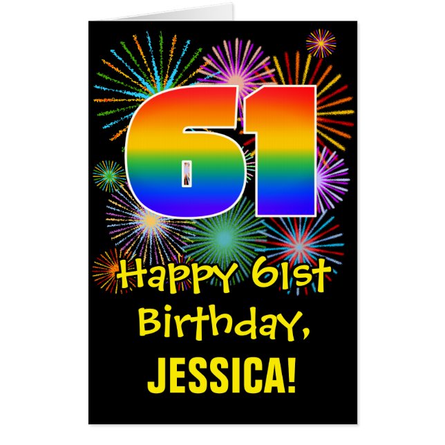 61st Birthday: Fun Fireworks Pattern & Rainbow 61 Card (Front)