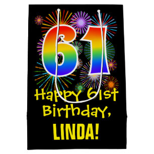 61st Birthday: Fun Fireworks Pattern + Rainbow 61 Medium Gift Bag